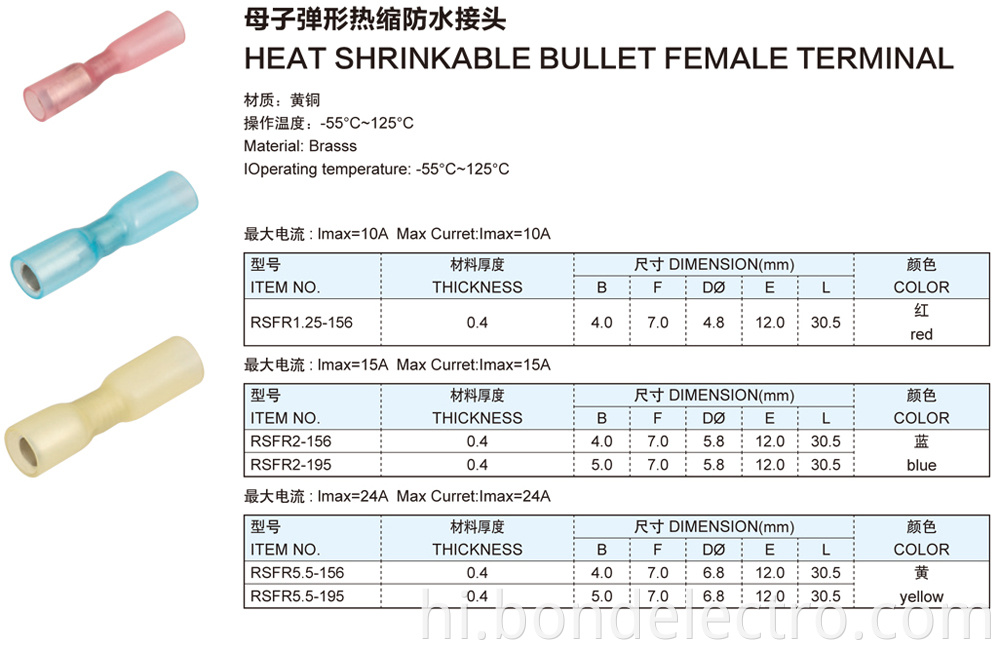 Parameter of Heat Shrinkable Bullet Female Terminals